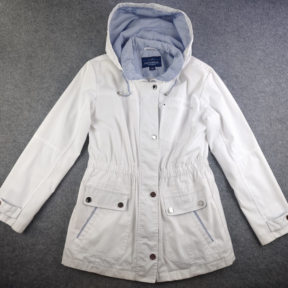 Mackintosh Rain Jacket Women's Medium White Hooded Zip Snap Pockets Outdoors